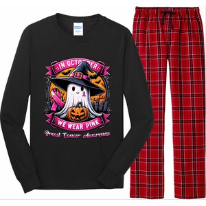 Breast Cancer Halloween In October We Wear Ghost Witch Long Sleeve Pajama Set