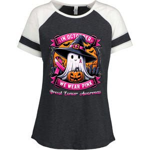 Breast Cancer Halloween In October We Wear Ghost Witch Enza Ladies Jersey Colorblock Tee