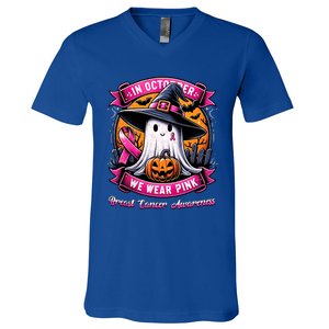 Breast Cancer Halloween In October We Wear Ghost Witch V-Neck T-Shirt