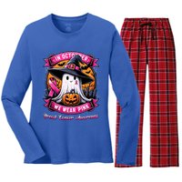 Breast Cancer Halloween In October We Wear Ghost Witch Women's Long Sleeve Flannel Pajama Set 