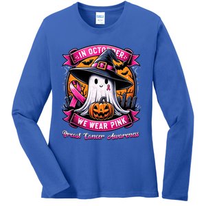 Breast Cancer Halloween In October We Wear Ghost Witch Ladies Long Sleeve Shirt