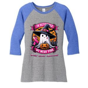 Breast Cancer Halloween In October We Wear Ghost Witch Women's Tri-Blend 3/4-Sleeve Raglan Shirt