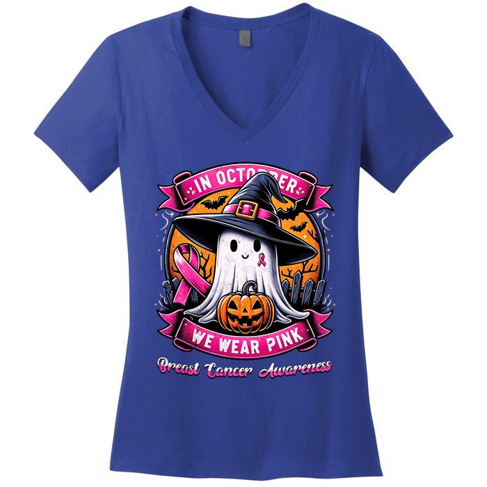 Breast Cancer Halloween In October We Wear Ghost Witch Women's V-Neck T-Shirt