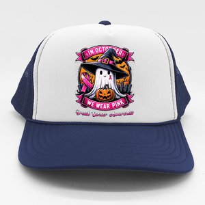 Breast Cancer Halloween In October We Wear Ghost Witch Trucker Hat