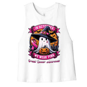 Breast Cancer Halloween In October We Wear Ghost Witch Women's Racerback Cropped Tank