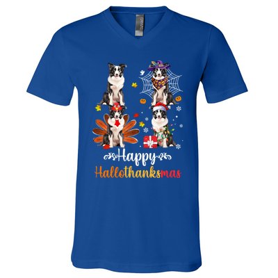 Border Collie Halloween Merry Christmas Happy Hallothanksmas Gift V-Neck T-Shirt