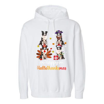 Border Collie Halloween Merry Christmas Happy Hallothanksmas Gift Garment-Dyed Fleece Hoodie