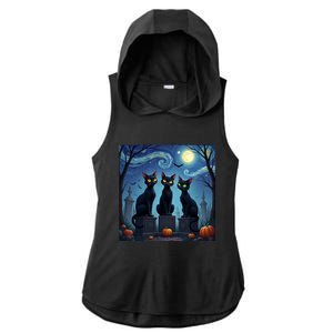 Black Cat Halloween Cat Lovers Starry Night Cat Van Gogh Ladies PosiCharge Tri-Blend Wicking Draft Hoodie Tank