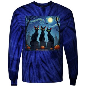 Black Cat Halloween Cat Lovers Starry Night Cat Van Gogh Tie-Dye Long Sleeve Shirt