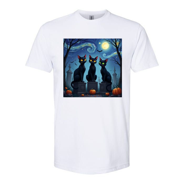 Black Cat Halloween Cat Lovers Starry Night Cat Van Gogh Softstyle CVC T-Shirt