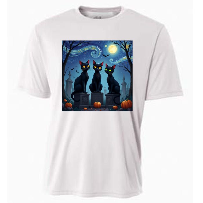 Black Cat Halloween Cat Lovers Starry Night Cat Van Gogh Cooling Performance Crew T-Shirt