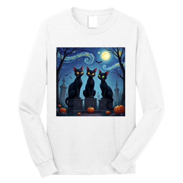 Black Cat Halloween Cat Lovers Starry Night Cat Van Gogh Long Sleeve Shirt