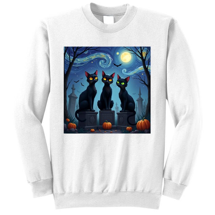 Black Cat Halloween Cat Lovers Starry Night Cat Van Gogh Sweatshirt