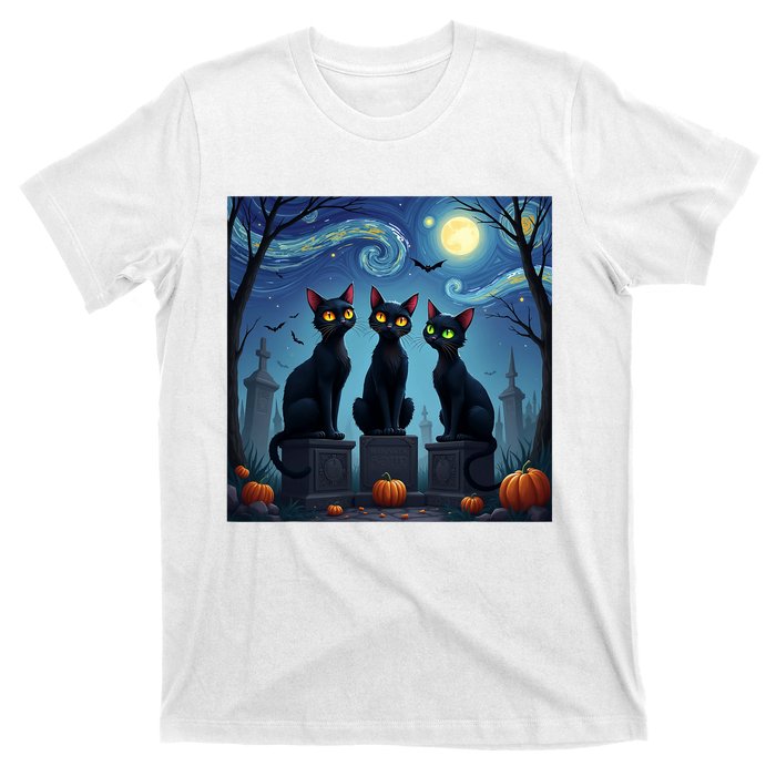 Black Cat Halloween Cat Lovers Starry Night Cat Van Gogh T-Shirt