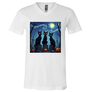 Black Cat Halloween Cat Lovers Starry Night Cat Van Gogh V-Neck T-Shirt