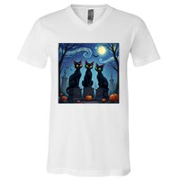 Black Cat Halloween Cat Lovers Starry Night Cat Van Gogh V-Neck T-Shirt