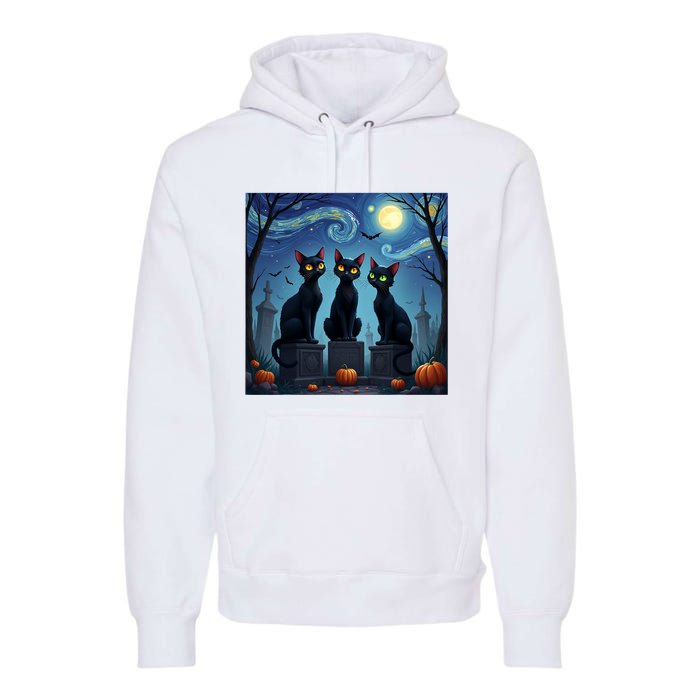 Black Cat Halloween Cat Lovers Starry Night Cat Van Gogh Premium Hoodie