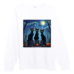 Black Cat Halloween Cat Lovers Starry Night Cat Van Gogh Premium Crewneck Sweatshirt