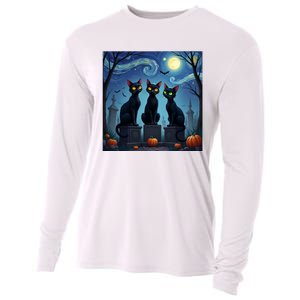 Black Cat Halloween Cat Lovers Starry Night Cat Van Gogh Cooling Performance Long Sleeve Crew