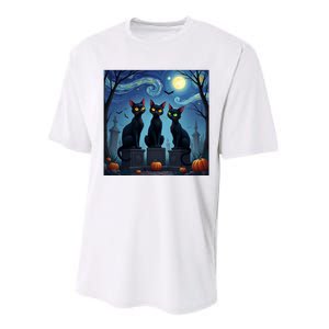 Black Cat Halloween Cat Lovers Starry Night Cat Van Gogh Performance Sprint T-Shirt