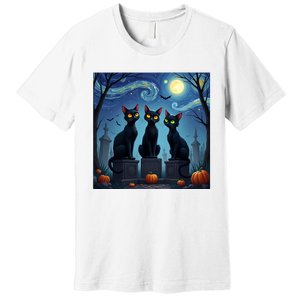 Black Cat Halloween Cat Lovers Starry Night Cat Van Gogh Premium T-Shirt