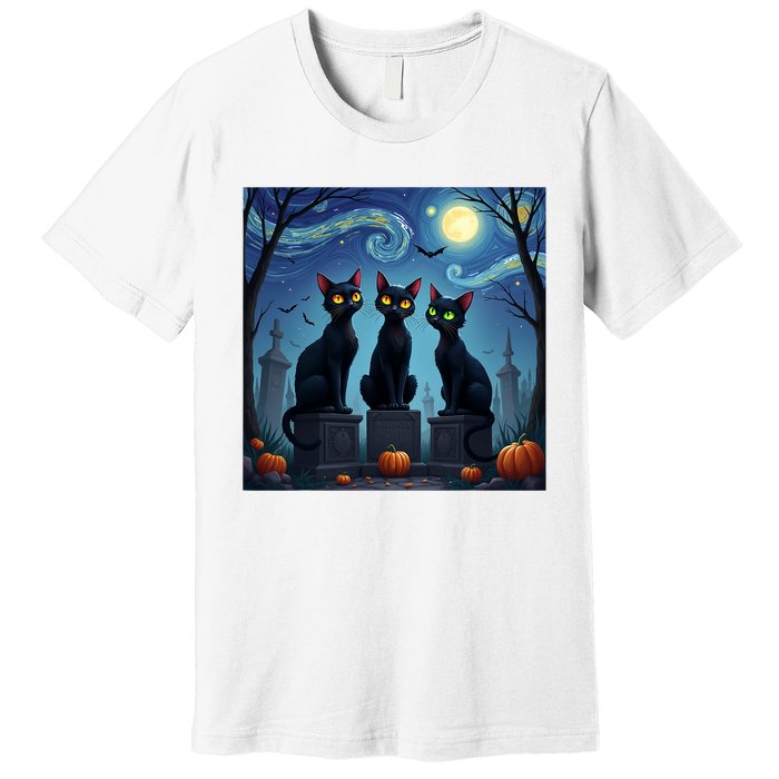 Black Cat Halloween Cat Lovers Starry Night Cat Van Gogh Premium T-Shirt