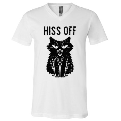 Black Cat Hiss Off Funny Meow V-Neck T-Shirt