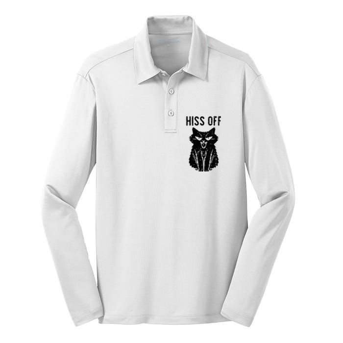 Black Cat Hiss Off Funny Meow Silk Touch Performance Long Sleeve Polo