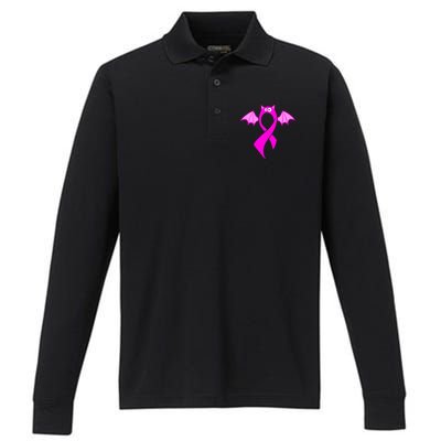 Breast Cancer Halloween Bat Pink Ribbon Performance Long Sleeve Polo