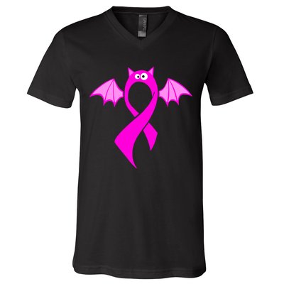 Breast Cancer Halloween Bat Pink Ribbon V-Neck T-Shirt