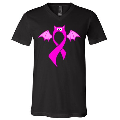 Breast Cancer Halloween Bat Pink Ribbon V-Neck T-Shirt