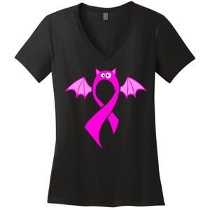 Breast Cancer Halloween Bat Pink Ribbon Women's V-Neck T-Shirt