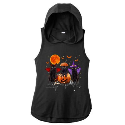 Black Cat Halloween Black Cat Sitting On Pumpkin Ladies PosiCharge Tri-Blend Wicking Draft Hoodie Tank