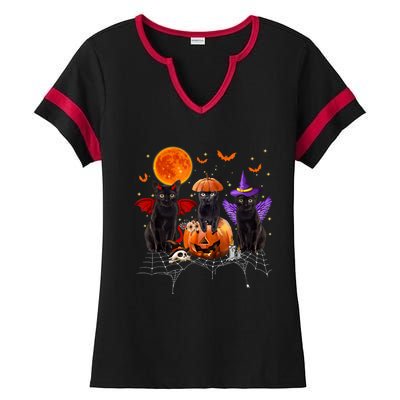 Black Cat Halloween Black Cat Sitting On Pumpkin Ladies Halftime Notch Neck Tee