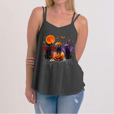 Black Cat Halloween Black Cat Sitting On Pumpkin Women's Strappy Tank