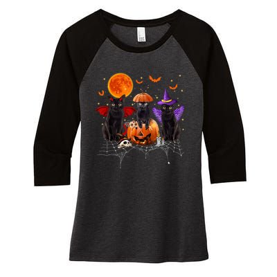 Black Cat Halloween Black Cat Sitting On Pumpkin Women's Tri-Blend 3/4-Sleeve Raglan Shirt