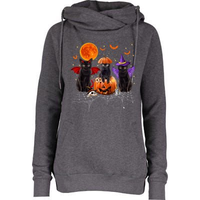 Black Cat Halloween Black Cat Sitting On Pumpkin Womens Funnel Neck Pullover Hood