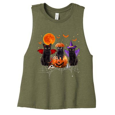 Black Cat Halloween Black Cat Sitting On Pumpkin Women's Racerback Cropped Tank