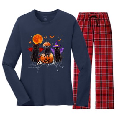 Black Cat Halloween Black Cat Sitting On Pumpkin Women's Long Sleeve Flannel Pajama Set 