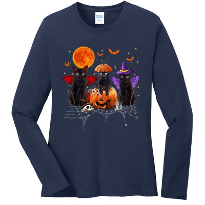 Black Cat Halloween Black Cat Sitting On Pumpkin Ladies Long Sleeve Shirt