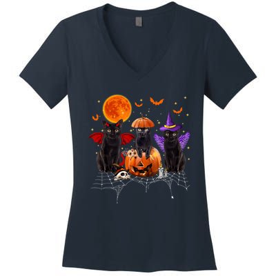 Black Cat Halloween Black Cat Sitting On Pumpkin Women's V-Neck T-Shirt