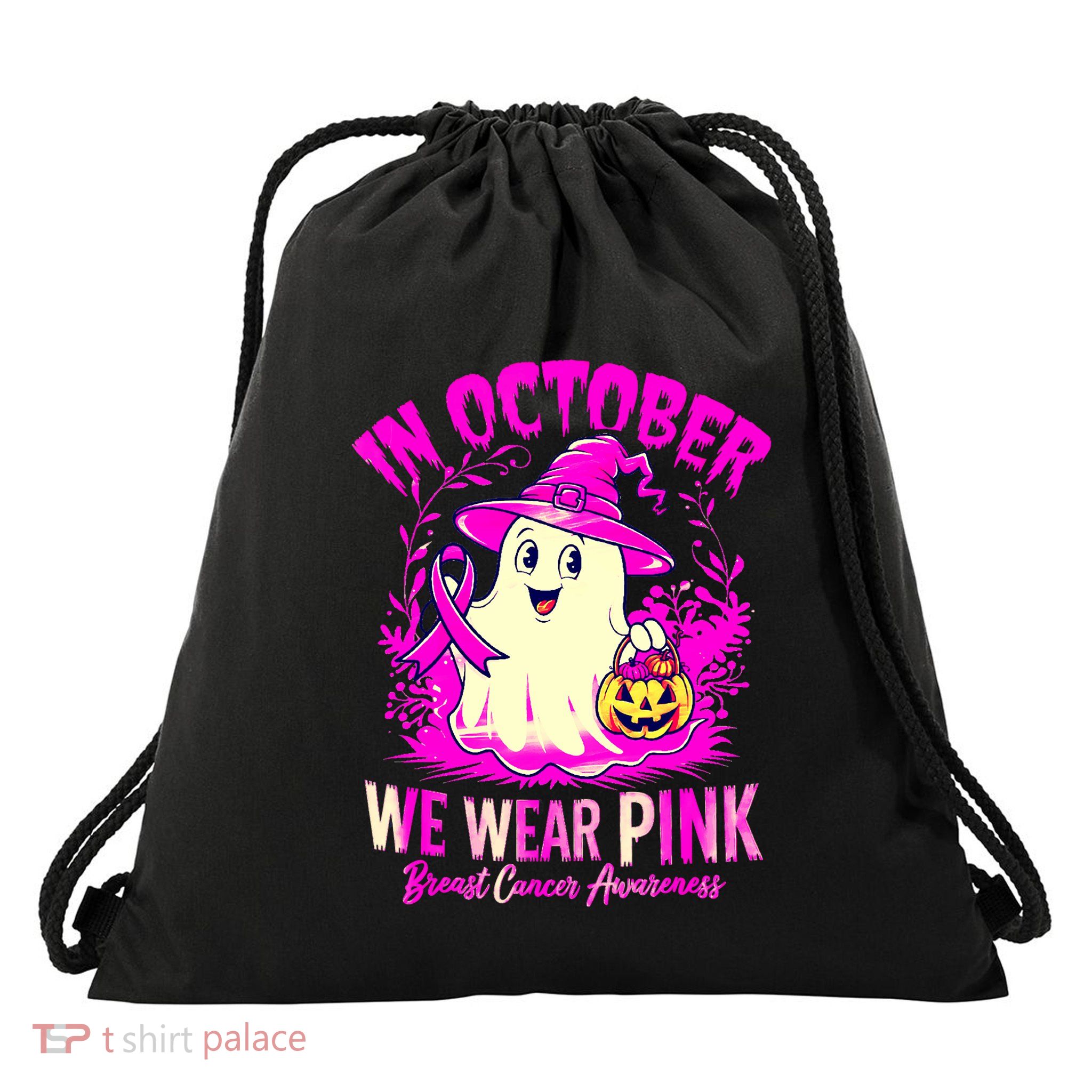 Breast Cancer Halloween In October We Wear Drawstring Bag