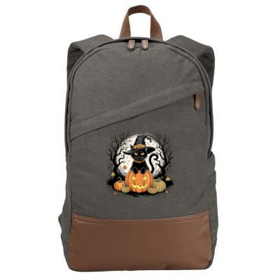 Black Cat Halloween Jack O Lantern Moon Pumpkin Costume Cotton Canvas Backpack