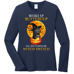 Buttercup Cats Halloween Scary Black Cat Witch Hat Womens Gift Ladies Long Sleeve Shirt