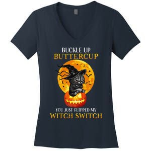 Buttercup Cats Halloween Scary Black Cat Witch Hat Womens Gift Women's V-Neck T-Shirt