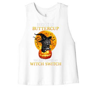 Buttercup Cats Halloween Scary Black Cat Witch Hat Womens Gift Women's Racerback Cropped Tank