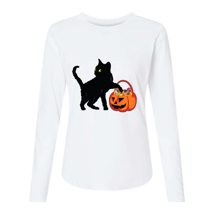 Black Cat Halloween Pumpkin Womens Cotton Relaxed Long Sleeve T-Shirt