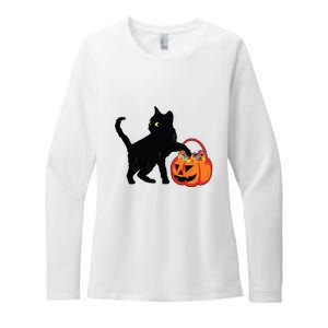 Black Cat Halloween Pumpkin Womens CVC Long Sleeve Shirt