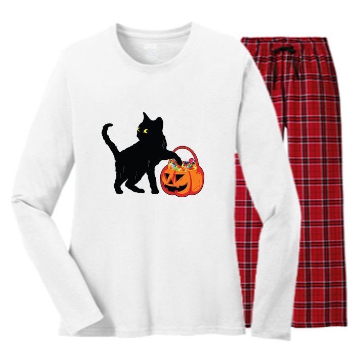 Black Cat Halloween Pumpkin Women's Long Sleeve Flannel Pajama Set 