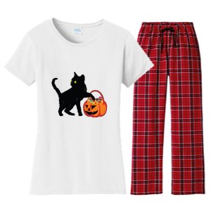 Black Cat Halloween Pumpkin Women's Flannel Pajama Set